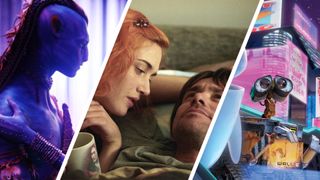 A split image showing three screenshots from sci-fi romance movies. Left: Avatar. Middle: Eternal Sunshine of the Spotless Mind. Right: WALL-E.