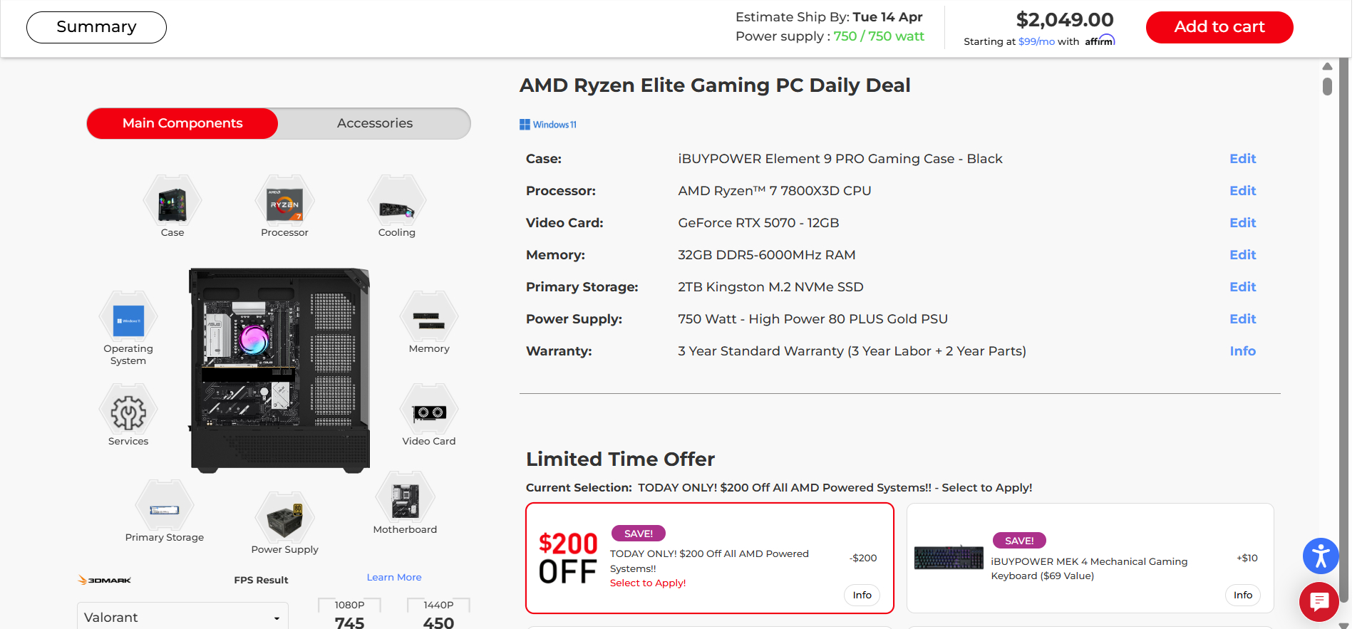 iBuyPower sale page with $200 coupon applied