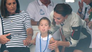 Carole Middleton, Princess Charlotte and Catherine, Duchess of Cambridge attend the presentation following the King's Cup Regatta on August 08, 2019 in Cowes