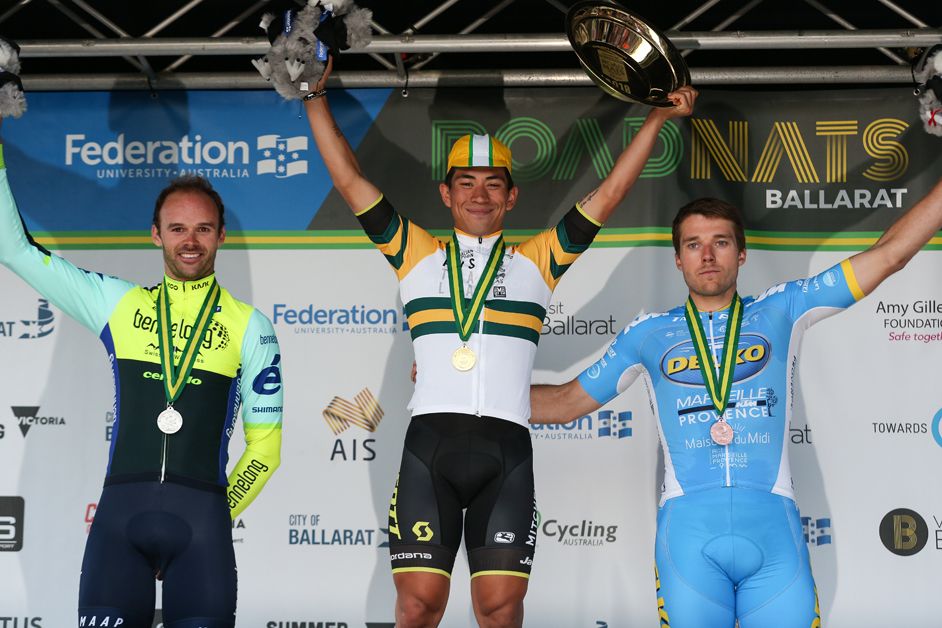 Caleb Ewan tops the final podium of the elite men's criterium at the Australian road national championships