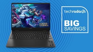 HP Omen 16 with RTX 5060 on blue background with TechRadar big savings sign