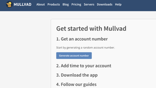 Mullvad's help center, with text that reads: "Get started with Mullvad. 1. Get an account number. Start by generating a random account number. 2. Add time to your account. 3. Download the app. 4. Follow our guides".