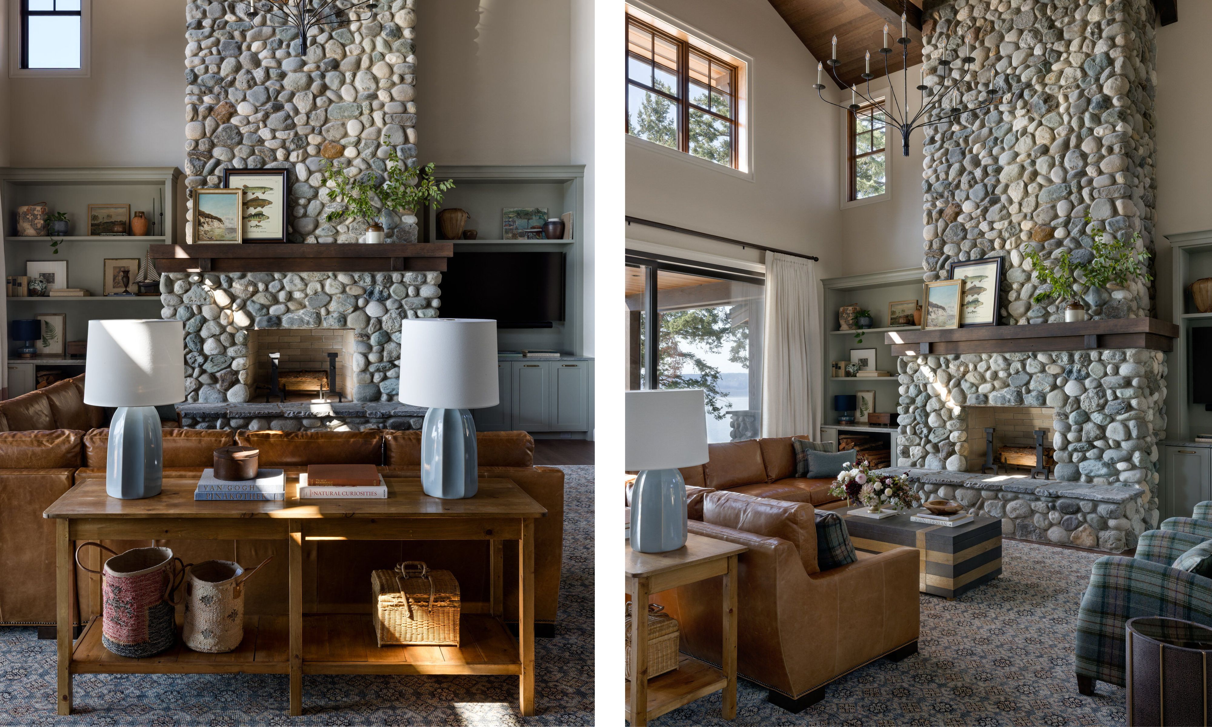 Two images of a living room with tall sloped ceilings, a statement stone fireplace, warm white walls, sliding glass doors, a leather sectional sofa, and a wooden console table.