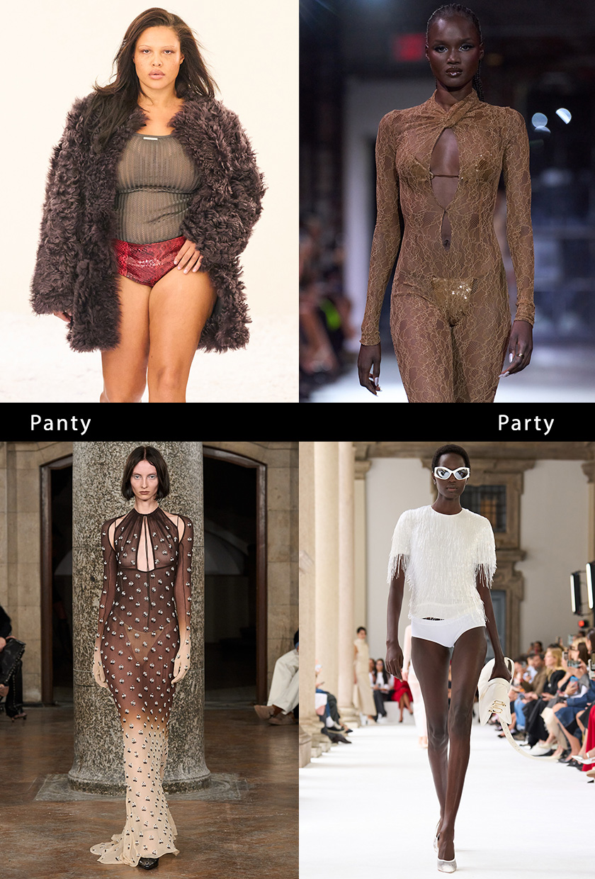 party trends of 2025 shown in a collage of models wearing the exposed underwear trend in the spring runway collections of 16Arlington, LaQuan Smith, Sportmax, and KNWLS