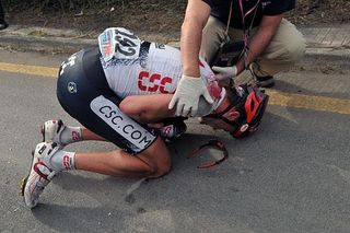 Brad McGee (Team CSC) is already back in the saddle, after his collarbone-shattering tumble in the Giro