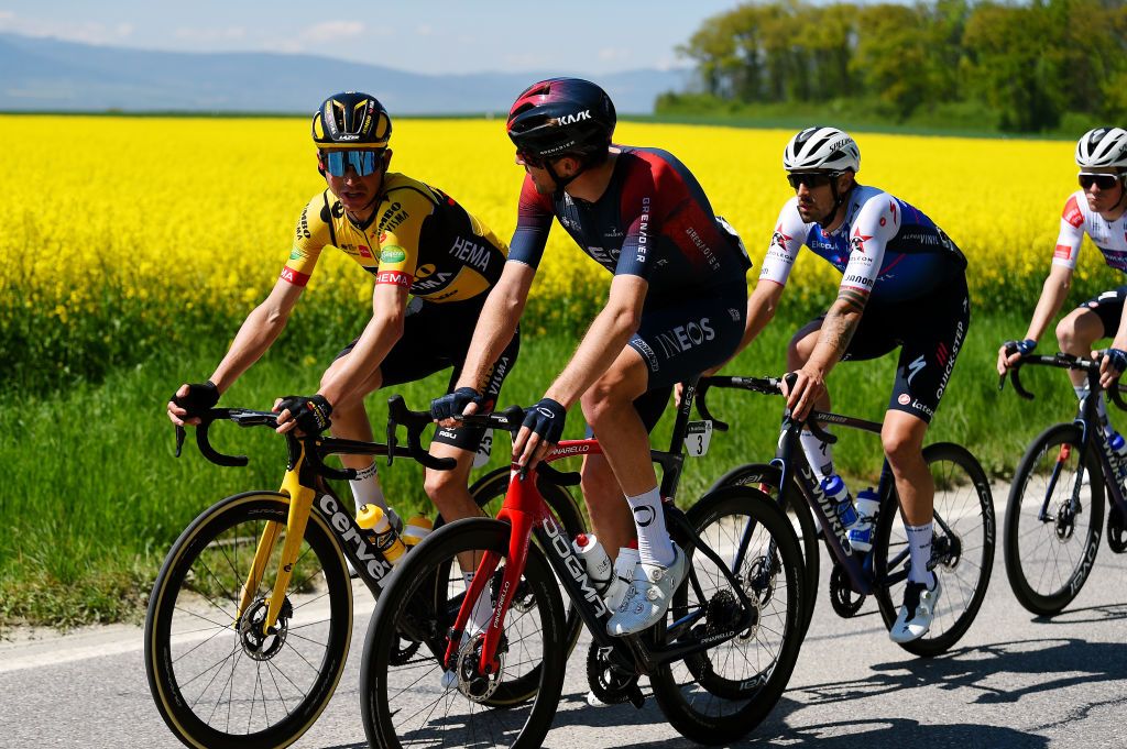 OULENSSOUSECHALLENS SWITZERLAND APRIL 28 LR Sepp Kuss of United States and Team Jumbo Visma Laurens De Plus of Belgium and Team INEOS Grenadiers and Mattia Cattaneo of Italy and Team QuickStep Alpha Vinyl compete during the 75th Tour De Romandie 2022 Stage 2 a 1682km stage from challens to challens TDR2022 on April 28 2022 in OulenssousEchallens Switzerland Photo by Dario BelingheriGetty Images
