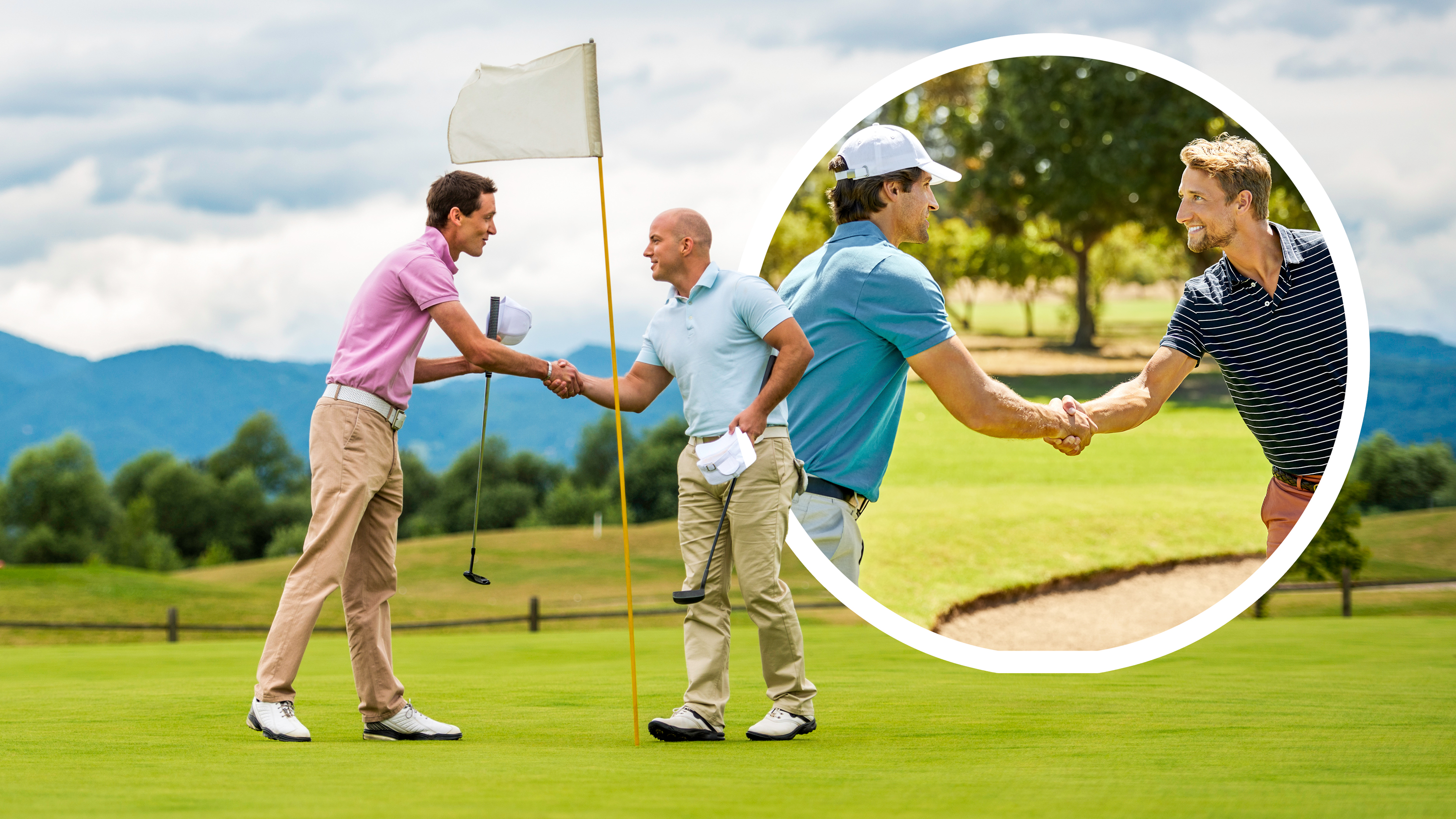 Two sets of golfers shaking hands on the 18th green, with one set having taken their hats off in line with the etiquette of the game and another set where only one player has removed their hat