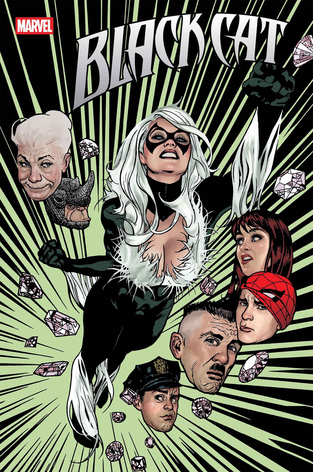 Black Cat leaping into action with the faces of Spider-Man supporting characters all around her