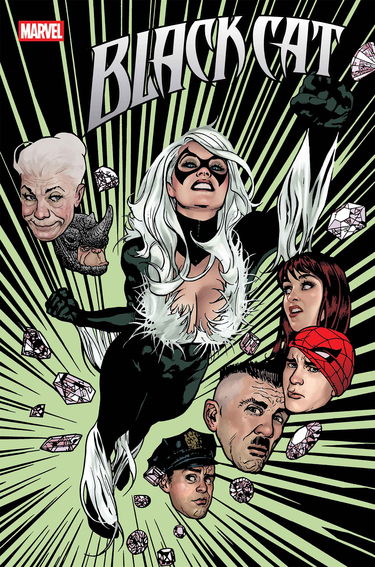 Black Cat leaping into action with the faces of Spider-Man supporting characters all around her