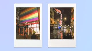 A photo of a woman standing under a pride flag next to a photo of neon signs lit up at night, taken on a Fujifilm Instax mini Evo instant camera