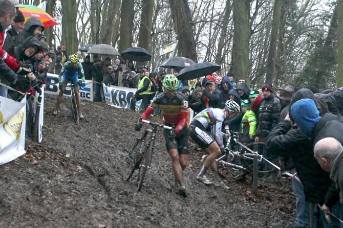 Albert heads off-course on the off-camber mud section