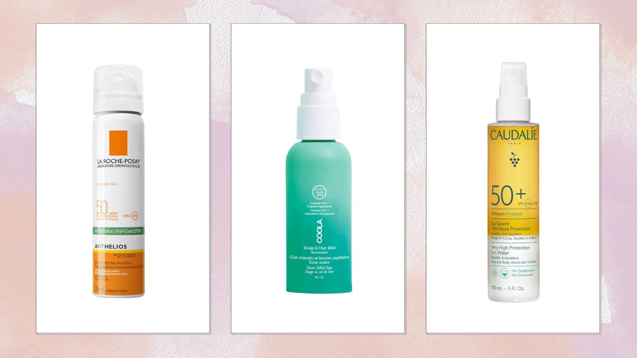 Collage of three scalp SPF sprays including La Roche Posay, Coola and Caudalie 