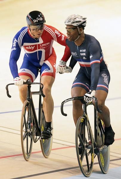 hris Hoy (Great Britain) congratulates Gregory Bauge (France) after the Frenchman beat hin in the quarter finals of the men's sprint.