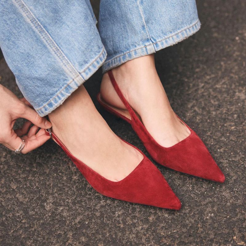 Mila Red Suede Slingback Kitten Heels on model