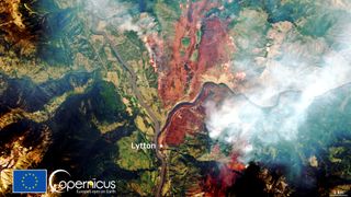 Wildfires in western Canada triggered by a record-breaking heatwave captured by the Sentinel-2 satellite.