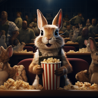 Midjourney’s creation from the prompt: A rabbit sitting down on a seat while eating popcorn in a cinema full of animals.