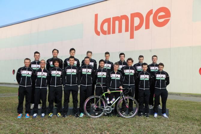 The Lampre-Merida team gather outside the Lampre factory