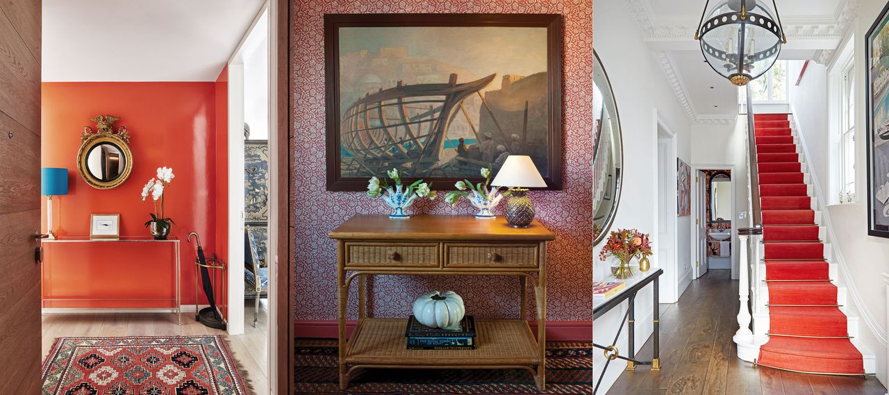 Three examples of red hallway ideas. Hallway with bright red painted feature wall. Hallway with red wallpaper. Hallway with red carpeted stairs.