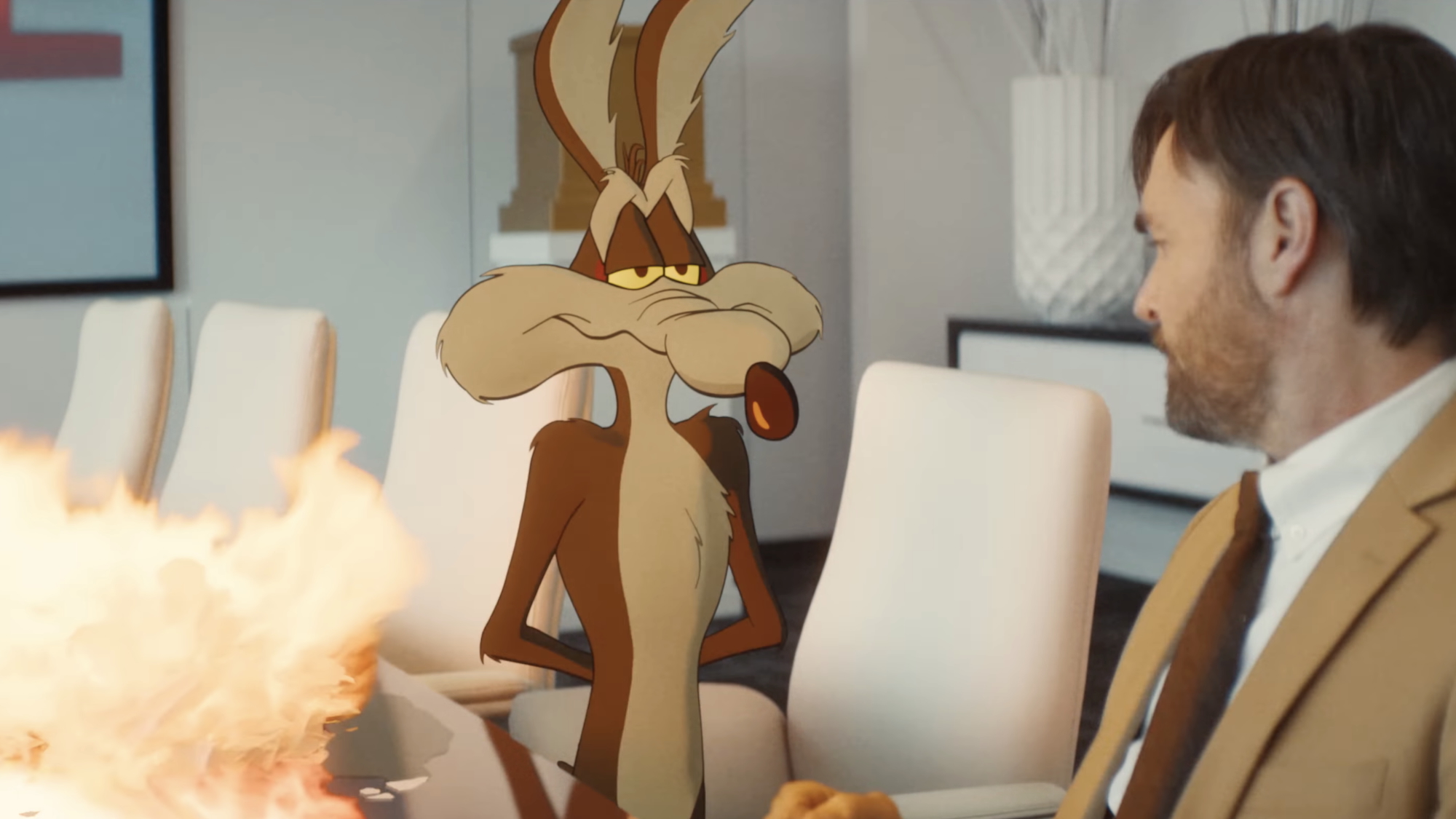 Wile E Coyote causing explosion in office in Coyote Vs. Acme