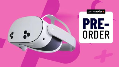 A leaked Meta Quest 3S design on a pink gamesradar background with a pre-order badge next to it