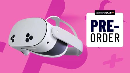 A leaked Meta Quest 3S design on a pink gamesradar background with a pre-order badge next to it