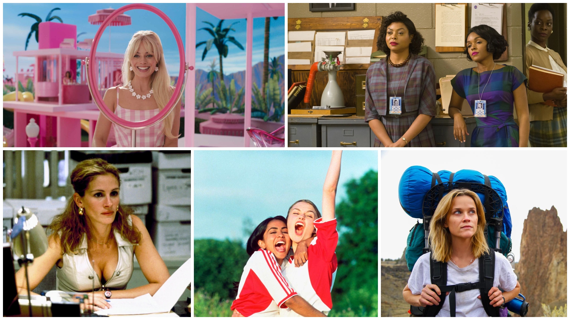 a collage of the best feminist movies including barbie wild erin brockovich bend it like beckham and hidden figures