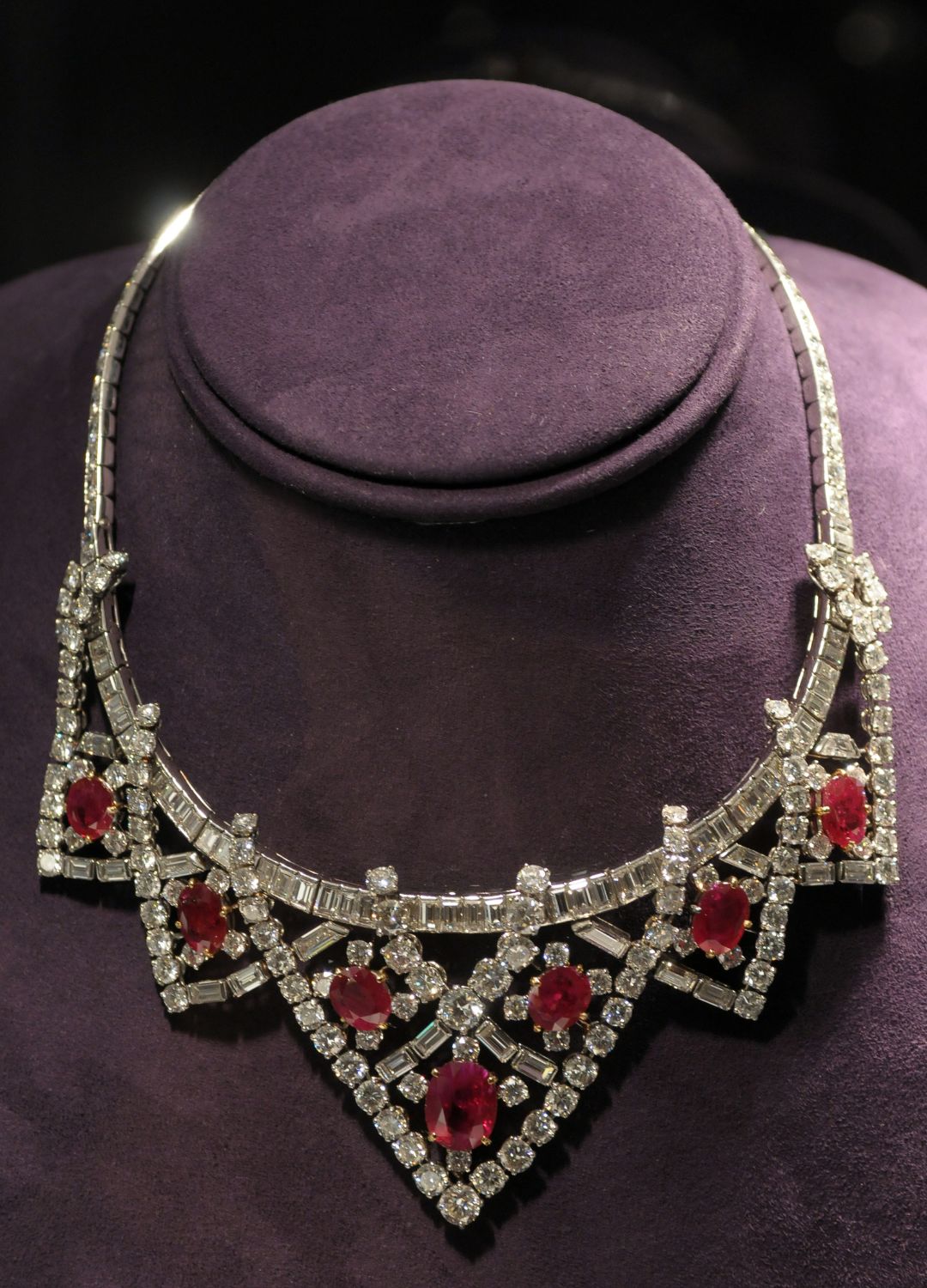 A ruby and diamond necklace previously belonging to Elizabeth Taylor on display