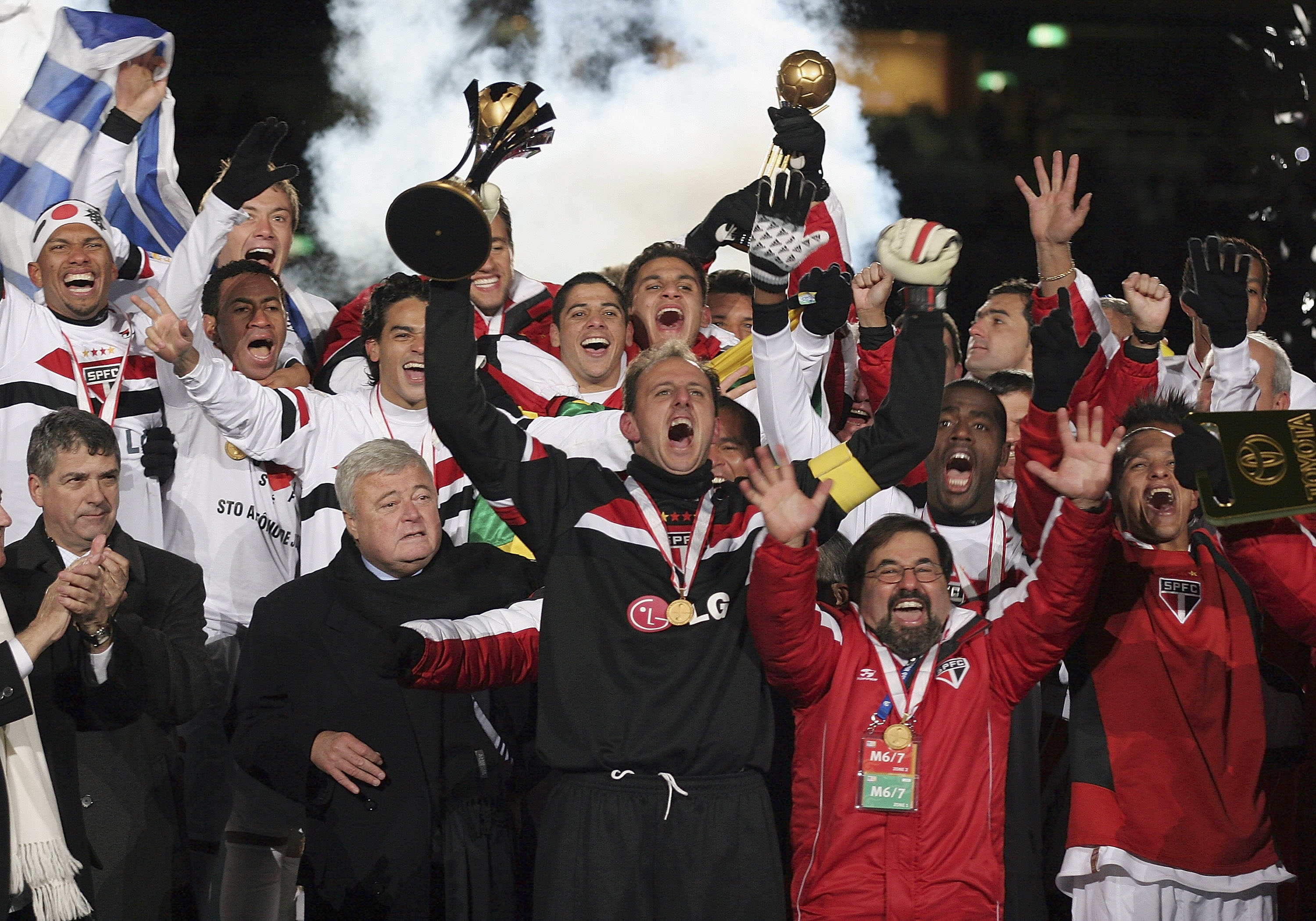 Sao Paulo players celebrate their Club World Cup win over Liverpool in 2005.