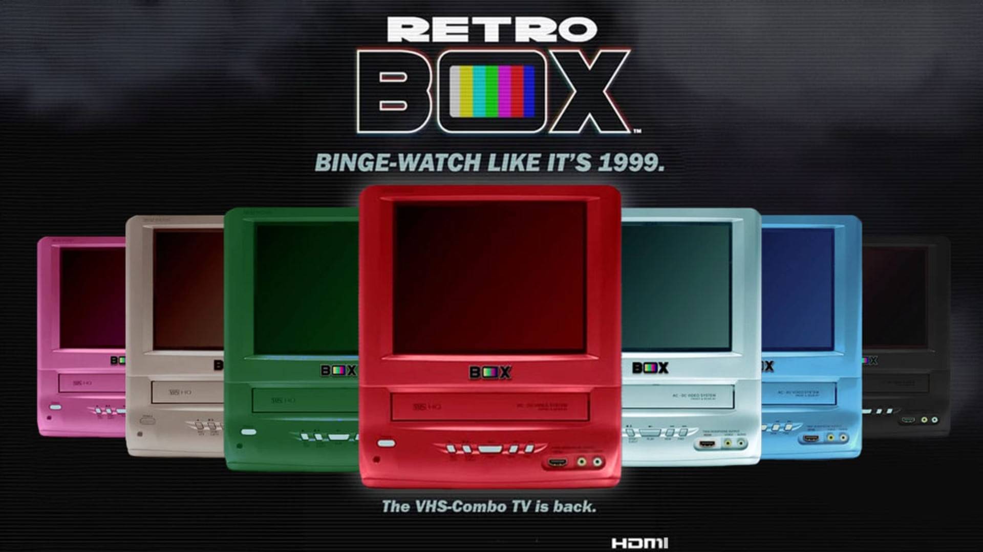 RetroBox promotional image of CRT TV remake with red model in centre, with staggered pink, gold, green, silver, blue, and black colorways from left to right and logo above.