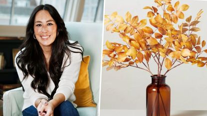 A two-panel split image of Joanna Gaines and a piece from Magnolia's Hearth & Hand collection