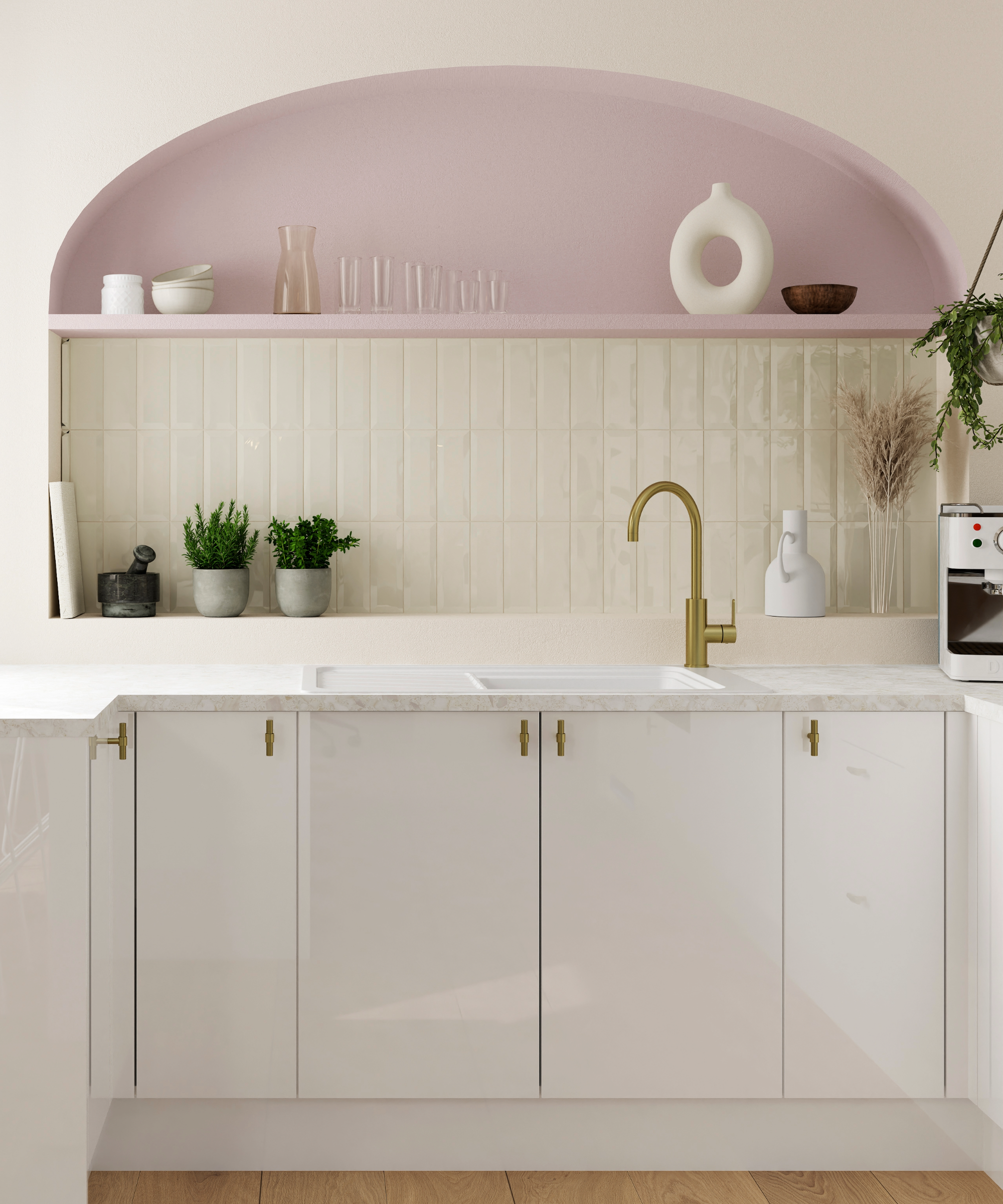 Kitchen with white worktops, walls and tiles, with a pink arch details