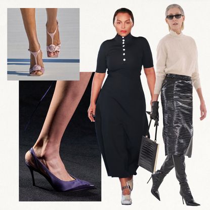 A collage featuring fall/winter shoe trends from the F/W 26 runway shows. 