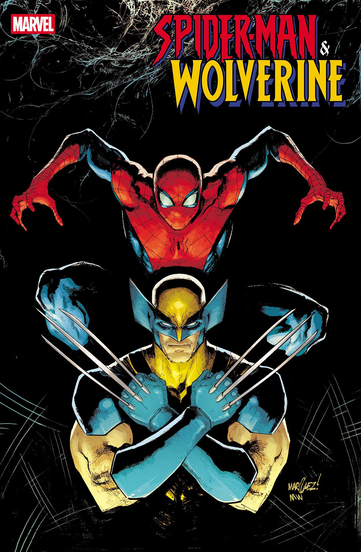 Spider-Man &amp; Wolverine #1 cover by David Marquez, showing Wolverine posing with his claws crossed, with Spider-Man leaping up behind him.