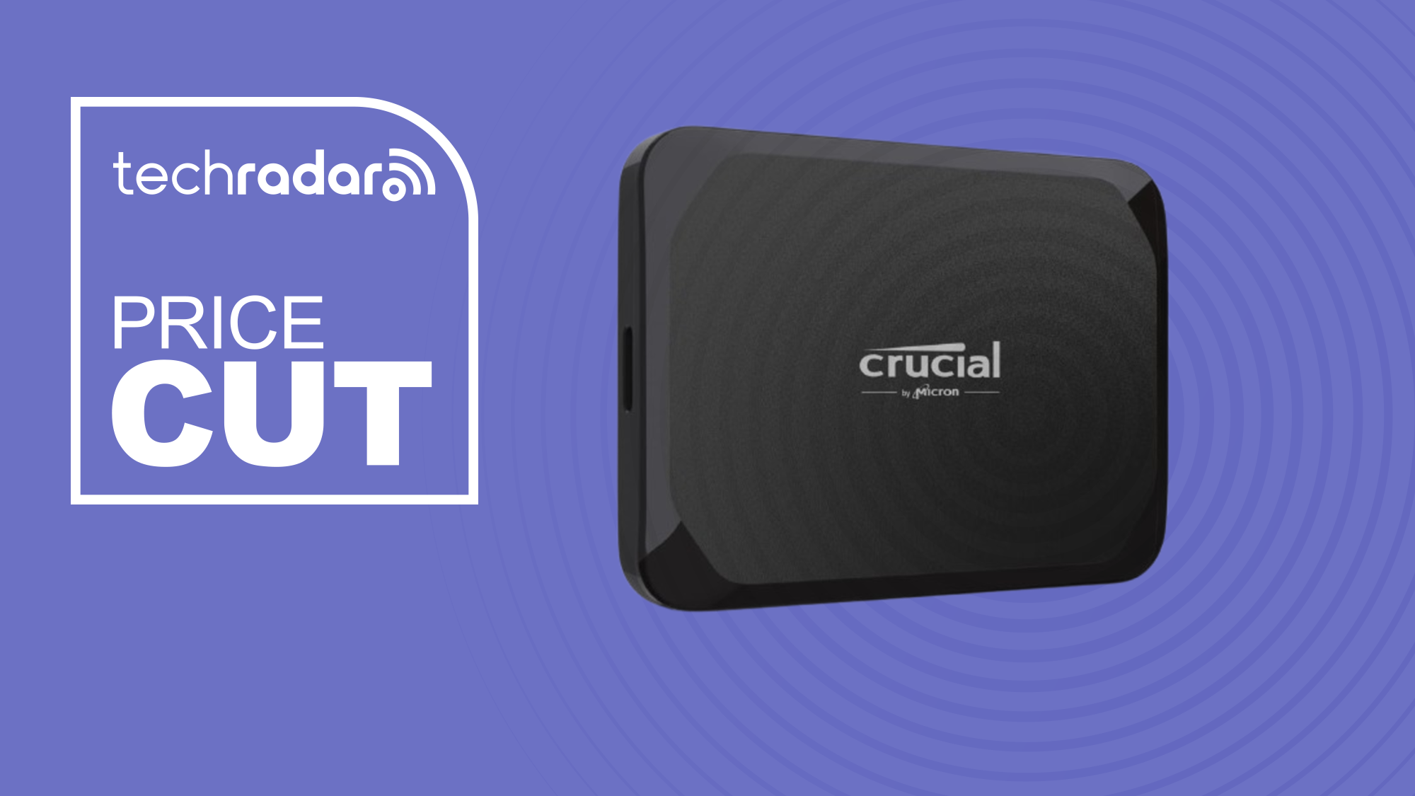 Crucial 4TB X9 SSD on a purple techradar background with wording &#039;price cut&#039;