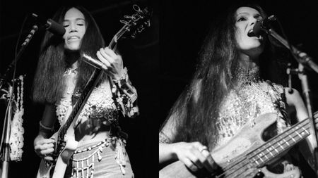 June Millington (L) and Jean Millington (R) of American all-female rock band Fanny performing on stage at City Hall, Newcastle upon Tyne, 30 May 1973