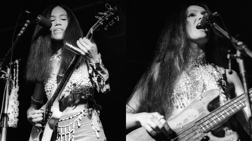 June Millington (L) and Jean Millington (R) of American all-female rock band Fanny performing on stage at City Hall, Newcastle upon Tyne, 30 May 1973