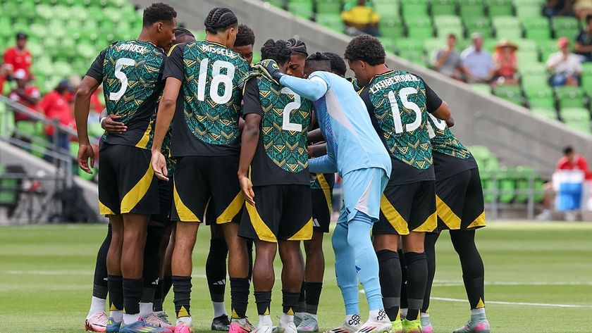 Jamaica players huddle up before the Concacaf Gold Cup Group stage match between Panama and Jamaica on June 24, 2025, at Q2 Stadium in Austin, TX.