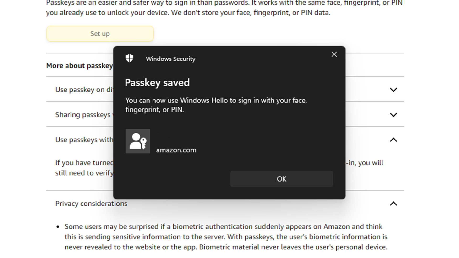 Amazon passkey saved