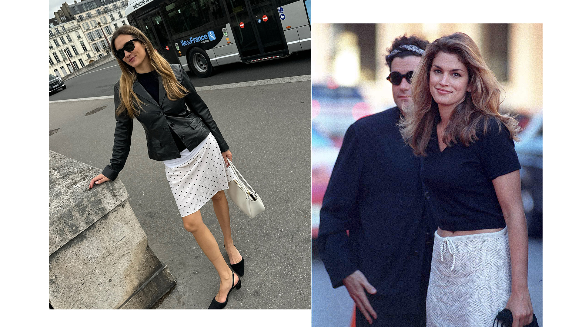 French influencer and Cindy Crawford wearing a black top and white skirt