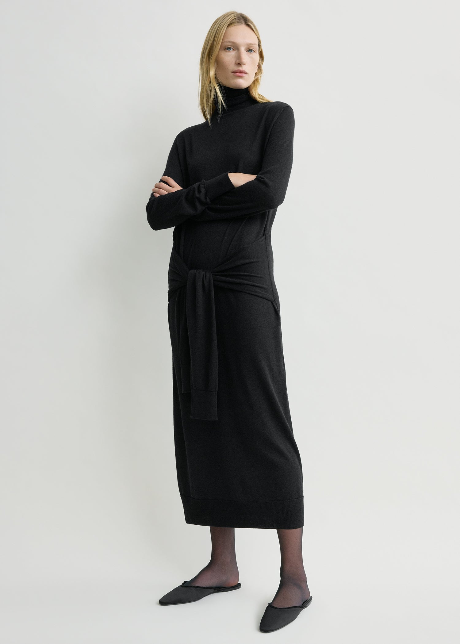 Double-Sleeve Turtleneck Dress Black