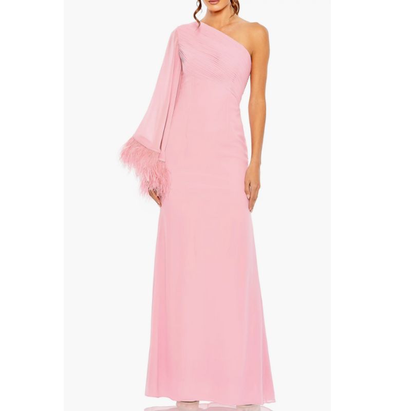 Mac Duggal, Feather Cuff One Shoulder Ruched Gown