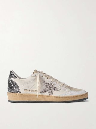 Ballstar Glittered Distressed Leather Sneakers