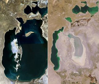 Satellite photos of the Aral Sea in Asia taken in 1989 (left) and 2008 (right). Formerly one of the four largest lakes in the world with an area of 68,000 square km (26,300 sq mi), the Aral Sea has been steadily shrinking since the 1960s after the rivers that fed it were diverted for use in irrigation.