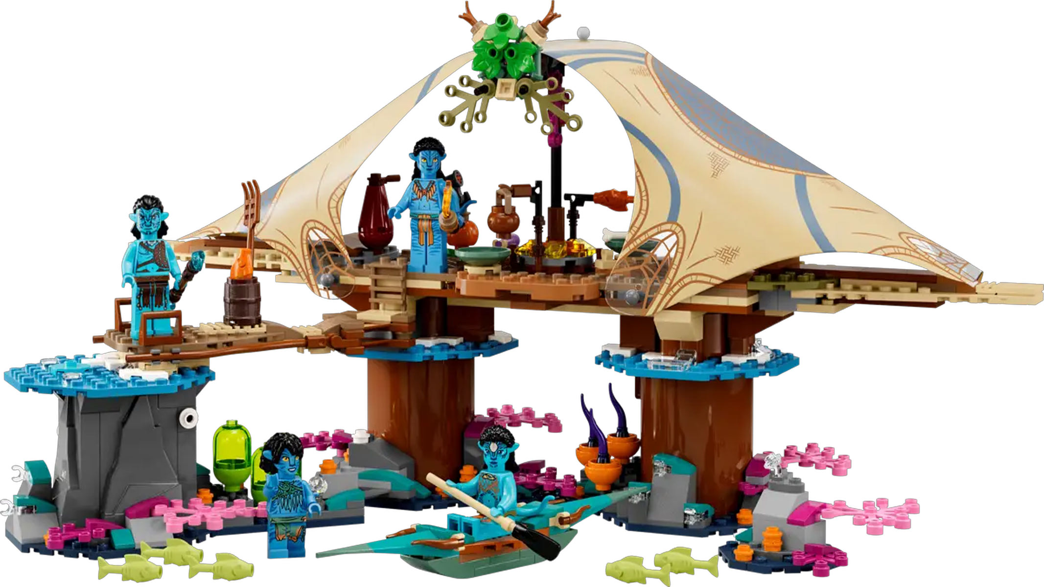 Some blue minifigures are displayed among a shelter with a canopy, all on a white background.
