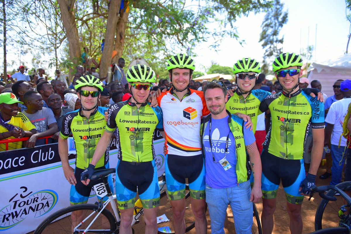 Frederick Gates with his Lowestrates.ca team at the Tour of Rwanda