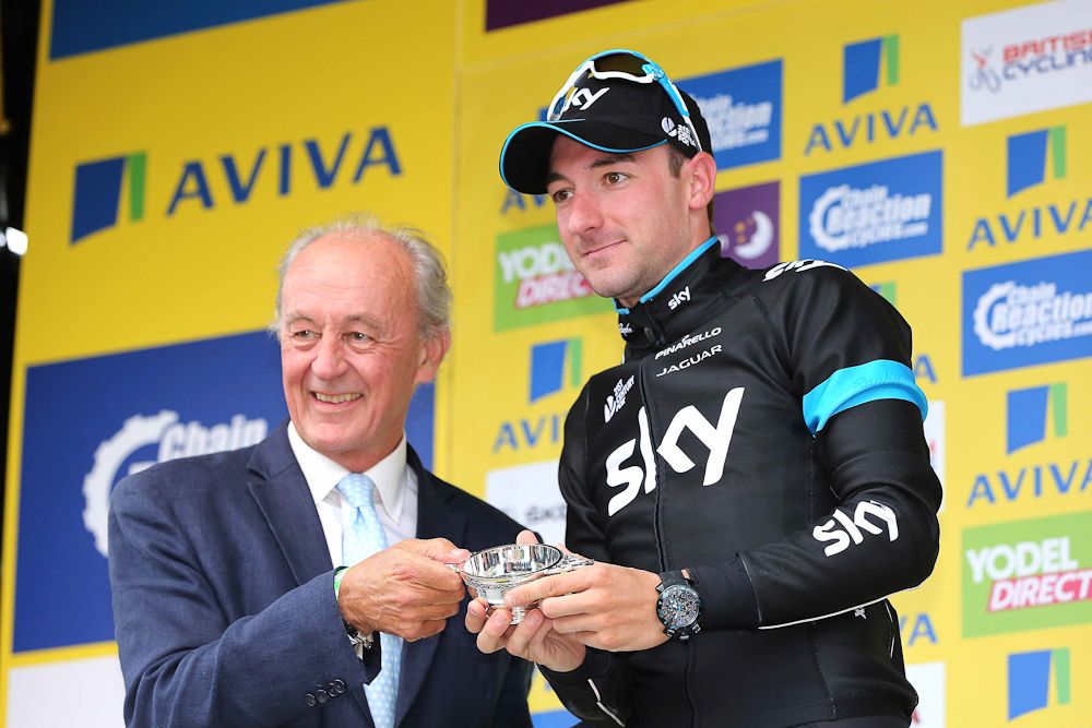 Elia Viviani on the stage 3 podium.