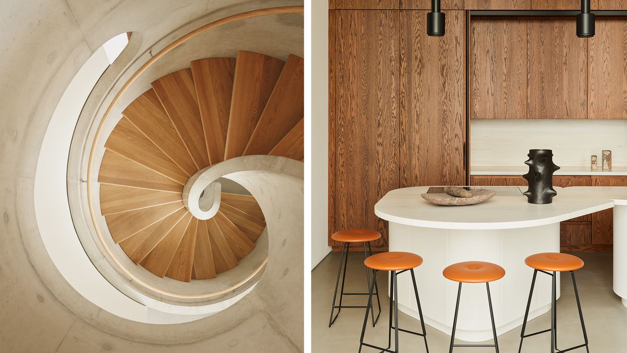 spiral staircase and of a kitchen area at One Park Drive penthouses