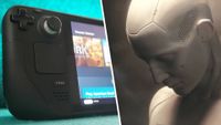 Left: image of part of a Steam Deck. Right: EVE Frontier key art showing synthetic human body in beige environment.