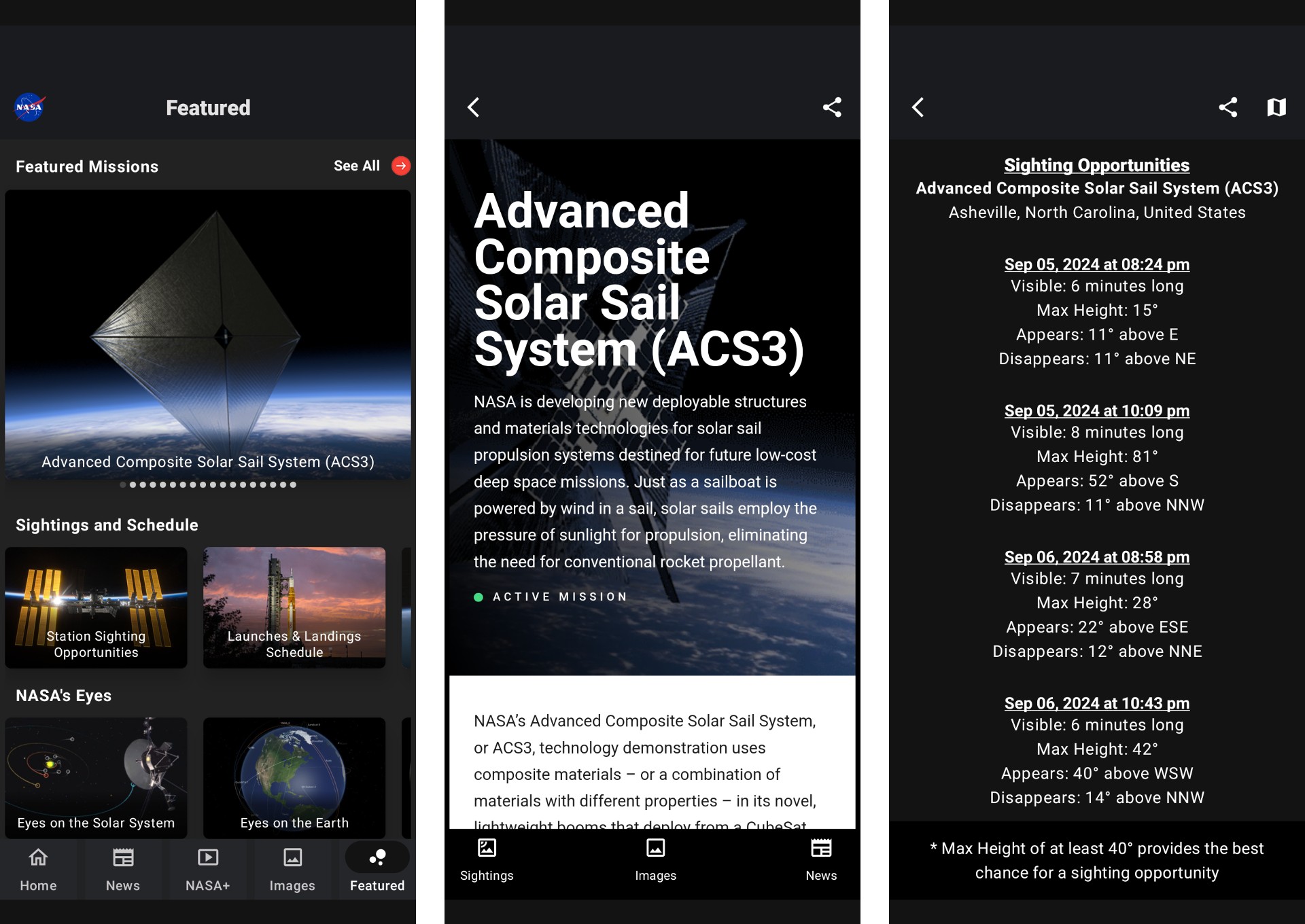 three screenshots of an app showing a square sail spacecraft above earth