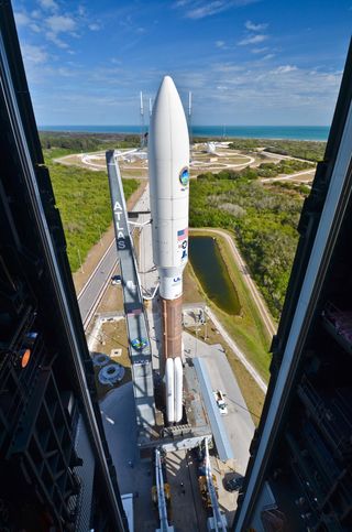 A United Launch Alliance Atlas V carrying the U.S. Navy's MUOS-1 satellite is rolled to the launch pad at SLC-41 in preparation for launch from the Cape Canaveral Air Force Station in Feb. 2012.